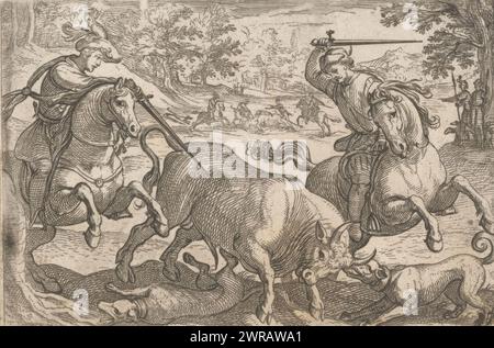 Due uomini a cavallo e cani uccidono un toro, scene di caccia (parte 1) (titolo della serie), paesaggio con cacciatori a cavallo e cani da caccia che inseguono tori selvatici., stampatore: Antonio tempesta, Nereo Dracomannio, Antonio tempesta, Italia, 1595, carta, incisione, altezza 82 mm x larghezza 122 mm, stampa Foto Stock