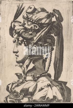 Donna con maschera e copertura testa fantasia, maschere e acconciature per il balletto (titolo della serie), Coiffures ou masques d'hommes et de femmes pour des ballets (titolo della serie), stampatore: Anonimo, dopo la stampa di: René Boyvin, dopo il disegno di: Léonard Thiry, c. 1535 - c. 1598, carta, incisione, altezza 153 mm x larghezza 107 mm, stampa Foto Stock