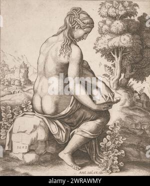 Venere e la rosa, Venere siede su una roccia in un paesaggio. Rimuove una spina da un cespuglio di rose dal piede., stamperia: Meester van de Dobbelsteen, editore: Antonio Salamanca, stamperia: Italia, editore: Roma, 1532, carta, incisione, altezza 199 mm x larghezza 172 mm, stampa Foto Stock