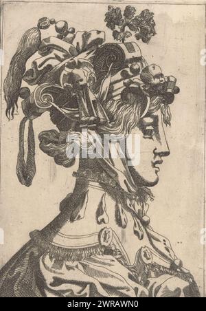 Donna con maschera e copertura testa fantasia, maschere e acconciature per il balletto (titolo della serie), Coiffures ou masques d'hommes et de femmes pour des ballets (titolo della serie), stampatore: Anonimo, dopo la stampa di: René Boyvin, dopo il disegno di: Léonard Thiry, c. 1535 - c. 1598, carta, incisione, altezza 154 mm x larghezza 107 mm, stampa Foto Stock