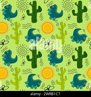 Il cactus dei dinosauri senza cuciture nel deserto estivo e il motivo del sole per avvolgere carta, tessuti e biancheria e la stampa per bambini, nonché la confezione e la parte delle feste Foto Stock