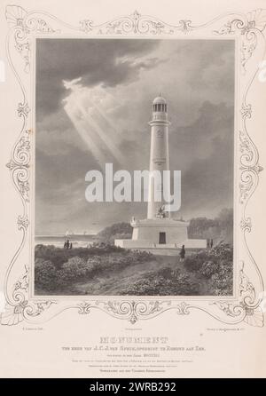 Faro con monumento in onore di Jan Carel Josephus van Speijk, monumento in onore di J.C.J. van Speyk, eretto a Egmond aan Zee, veduta del faro J.C.J. van Speijk a Egmond aan Zee. Il faro originale esistente chiamato Noordertoren è stato costruito nel 1834 secondo il progetto di J.D. Zocher è stato convertito in monumento, l'ingresso monumentale con un leone ai piedi è stato completato nel 1841., stampatore: Paulus Lauters, dopo la scultura di: Johan David Zocher, stampatore: Desguerrois & Co., Amsterdam, 1841 - 1875, carta, altezza 581 mm x larghezza 451 mm Foto Stock