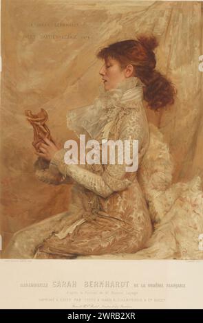 Ritratto di Sarah Bernhardt, Mademoiselle Sarah Bernhardt de la comédie francese (titolo sull'oggetto), stampatore: E. Mémet, dopo pittura di: Jules Bastien-Lepage, stampatore: Champenois et cie successeurs Testu et Massin, Parigi, 1879 - 1886, carta, altezza 670 mm x larghezza 535 mm, stampa Foto Stock