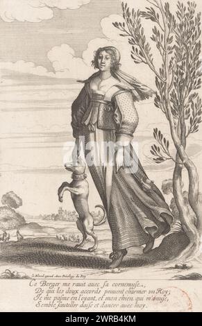 Pastore con cane in piedi sulle gambe posteriori, stampatore: Abraham Bosse, editore: Jean Lebond (i), Lodewijk XIII (koning van Frankrijk), Parigi, 1626 - 1628, carta, incisione, incisione, altezza 214 mm x larghezza 143 mm, stampa Foto Stock