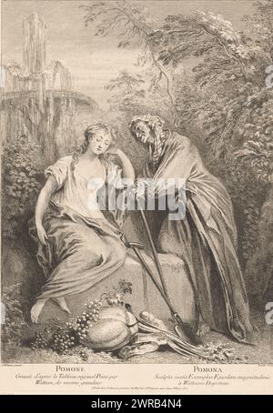 Vertumnus e Pomona, Pomone (titolo sull'oggetto), tipografo: Francois Boucher, dopo la pittura di: Jean Antoine Watteau, editore: Francois Chéreau, Parigi, c. 1727, carta, incisione, altezza 439 mm x larghezza 317 mm, stampa Foto Stock