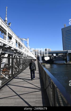 Vista verticale del ponte di Sumida River Walk – Sumida City, Tokyo, Giappone – 27 febbraio 2024 Foto Stock