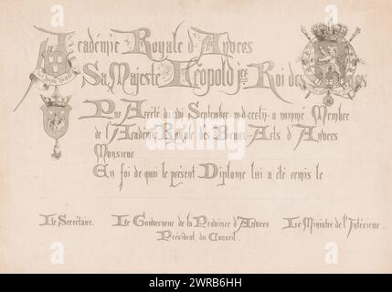 Diploma presso la Royal Academy of fine Arts di Anversa, tipografo: Jean Théodore Joseph Linnig, su disegno di: Franciscus Andreas Durlet, 1825 - 1891, carta, incisione, altezza 363 mm x larghezza 515 mm, stampa Foto Stock