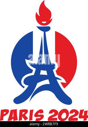 Modello 2024 dei Giochi Olimpici di Parigi. Olimpiadi in Francia. Torre Eiffel con fiamma olimpica. Vettore su sfondo trasparente Illustrazione Vettoriale