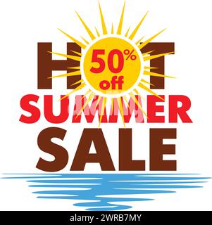 Striscione di saldi estivi. Etichetta di testo con il simbolo del sole e del mare, concetto di sconto per gli affari stagionali. Vettore su sfondo trasparente Illustrazione Vettoriale