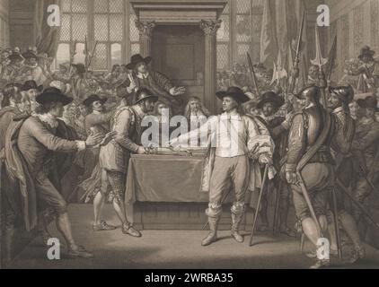 Oliver Cromwell scioglie il Parlamento, Cromwell (titolo sull'oggetto), Oliver Cromwell sciogliendo il lungo Parlamento, tipografo: John Hall, dopo la pittura di: Benjamin West, editore: Benjamin West, Londra, 1789, carta, incisione, incisione, altezza 487 mm x larghezza 622 mm, stampa Foto Stock