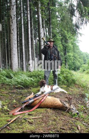 Cacciatore con corno da caccia che soffia un capriolo europeo (Capreolus capreolus) secondo la vecchia tradizione con il cane da caccia Kleiner Muensterlaender Foto Stock