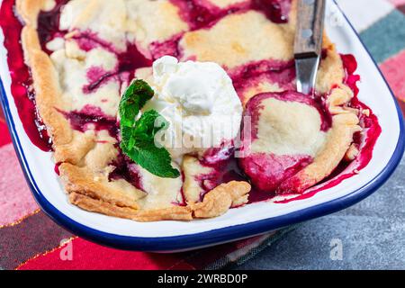 Delizioso ciabattino di frutti di bosco in teglia smaltata, guarnito con gelato, decorazione natalizia su sfondo, orizzontale, primo piano Foto Stock