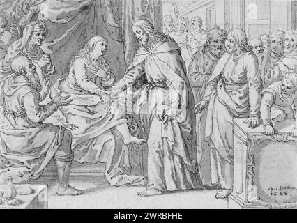 Cristo che cresce la figlia di Jarius Jordaens., il soggetto sembra essere Cristo che guarisce una donna, o forse Cristo che risuscita la figlia di Iario dai morti, che è menzionato in Marco 5:21-43, Matteo 9:18-26, e Luca 8:40-56., Schorer, Hans Friedric, circa 1609-1649, artista (nome attribuito, Germania, 1622., Gesù Cristo, miracoli, disegni, tedesco, 1620-1630., disegni, tedesco, 1620-1630, 1 disegno: penna e inchiostro nero e lavare, leggermente squadrati in gesso nero, foglio 20,4 x 28,6 cm (8 x 11 1/4 pollici Foto Stock