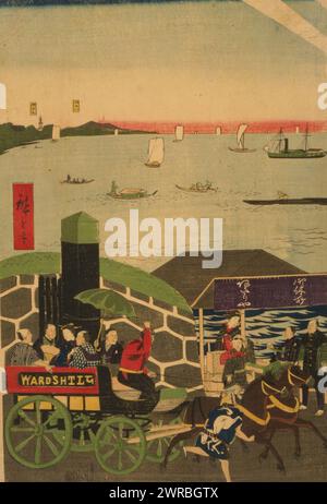 Tōkyō meishō Takanawa no shinkei, stampa trittico giapponese che mostra una strada trafficata con gente che cammina; cavalcando in carrozze, a cavallo e in una lettiera; molte piccole e grandi barche navigano in un mare; il sole sorge sullo sfondo., Utagawa, Hiroshige, 1842?-1894, artista, Giappone: Iseki, 1870., City & Town Life, Giappone, Tokyo, 1870, trittici, giapponese, colore, 1870., xilografie, giapponese, colore, 1870, trittici, giapponese, colore, 1870, 1 stampa su carta hōsho (3 fogli): taglio a legno, colore, ogni blocco 35,5 x 24 cm, ogni foglio 36,5 x 24,6 cm Foto Stock