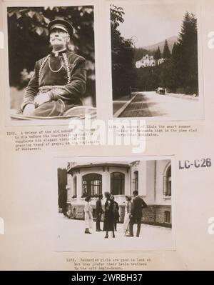 Un autista della vecchia scuola. Spera di morire prima che l'auto inartistica sostituisca la sua elegante victoria con squadre di grigi, sui viali di Buckharest, cioè Bucarest, Un angolo di Sinia, l'elegante colonia estiva della Romania, tra i monti Carpazi ricoperti di pini, le ragazze romaniane sono belle da guardare, ma preferiscono i loro fratelli latini al freddo anglosassone. le fotografie mostrano scene in Romania tra cui: un autista di carrozza trainata da cavalli in uniforme, Bucarest; una strada nel bosco con un grande edificio sullo sfondo Foto Stock