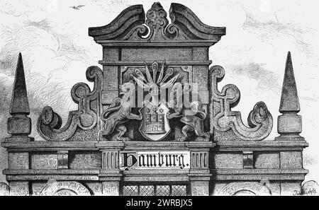 Città anseatica di Amburgo, simboli, emblema, stemma, castello, leoni, ornamentazione, Germania, illustrazione storica 1880 Foto Stock