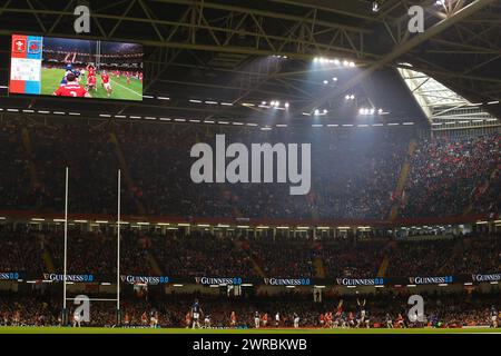 Cardiff, Regno Unito. 10 marzo 2024. Una vista generale durante una lineout. Partita del campionato del Guinness Six Nations 2024, Galles contro Francia al Principality Stadium di Cardiff domenica 10 marzo 2024. foto di Andrew Orchard/Andrew Orchard Sports Photography/ Alamy Live News Credit: Andrew Orchard Sports Photography/Alamy Live News Foto Stock