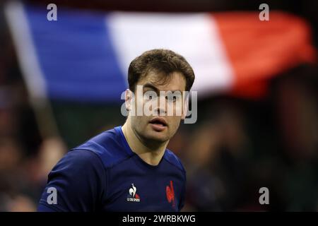 Cardiff, Regno Unito. 10 marzo 2024. Damien Penaud di Francia guarda avanti. Partita del campionato del Guinness Six Nations 2024, Galles contro Francia al Principality Stadium di Cardiff domenica 10 marzo 2024. foto di Andrew Orchard/Andrew Orchard Sports Photography/ Alamy Live News Credit: Andrew Orchard Sports Photography/Alamy Live News Foto Stock
