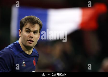 Cardiff, Regno Unito. 10 marzo 2024. Damien Penaud di Francia guarda avanti. Partita del campionato del Guinness Six Nations 2024, Galles contro Francia al Principality Stadium di Cardiff domenica 10 marzo 2024. foto di Andrew Orchard/Andrew Orchard Sports Photography/ Alamy Live News Credit: Andrew Orchard Sports Photography/Alamy Live News Foto Stock