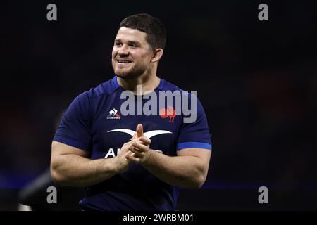 Cardiff, Regno Unito. 10 marzo 2024. Julian Marchand di Francia guarda. Partita del campionato del Guinness Six Nations 2024, Galles contro Francia al Principality Stadium di Cardiff domenica 10 marzo 2024. foto di Andrew Orchard/Andrew Orchard Sports Photography/ Alamy Live News Credit: Andrew Orchard Sports Photography/Alamy Live News Foto Stock