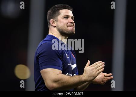 Cardiff, Regno Unito. 10 marzo 2024. Julian Marchand di Francia guarda. Partita del campionato del Guinness Six Nations 2024, Galles contro Francia al Principality Stadium di Cardiff domenica 10 marzo 2024. foto di Andrew Orchard/Andrew Orchard Sports Photography/ Alamy Live News Credit: Andrew Orchard Sports Photography/Alamy Live News Foto Stock