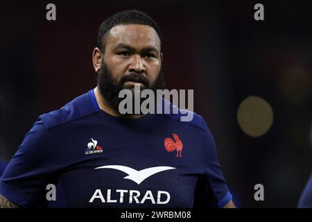 Cardiff, Regno Unito. 10 marzo 2024. Uini Atonio di Francia guarda avanti. Partita del campionato del Guinness Six Nations 2024, Galles contro Francia al Principality Stadium di Cardiff domenica 10 marzo 2024. foto di Andrew Orchard/Andrew Orchard Sports Photography/ Alamy Live News Credit: Andrew Orchard Sports Photography/Alamy Live News Foto Stock
