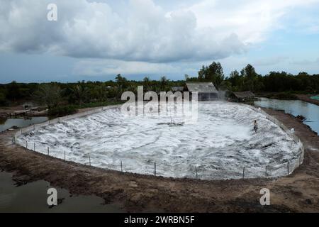 Il lavoratore applica calcare agricolo per neautralizzare l'acidità del suolo, regolando il ph per l'azienda, polvere bianca spalmata sulla superficie del terreno in Vietnam Foto Stock