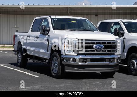 Plainfield - 10 marzo 2024: Esposizione Ford F-250 SRW 4X4 Crew Cab presso una concessionaria. Ford offre il modello F250 con ruote posteriori singole o doppie e cabina Crew Cab. MIO:2 Foto Stock