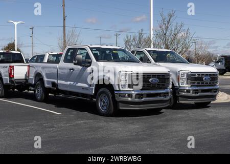 Plainfield - 10 marzo 2024: Esposizione Ford F-250 SRW 4X4 SuperCab presso una concessionaria. Ford offre anche il modello F250 in cabina equipaggio e cabina normale. IL MIO: 2024 Foto Stock