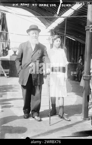 Sul tetto di casa per non vedenti, la fotografia mostra una ragazza che cammina con un uomo anziano, probabilmente nel giardino sul tetto dell'edificio della Bank of the United States al 77 di Delancey Street, New York City. Il fondatore della banca Joseph S. Marcus ha creato il giardino per l'Associazione ebraica per i ciechi; ha aperto nel giugno 1915., 1915?, Glass negatives, 1 negativo: Vetro Foto Stock