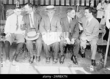 Sul tetto di casa per non vedenti, la fotografia mostra uomini seduti sulla panchina, probabilmente nel giardino sul tetto dell'edificio della Bank of the United States al 77 di Delancey Street, New York City. Il fondatore della banca Joseph S. Marcus ha creato il giardino per l'Associazione ebraica per i ciechi; ha aperto nel giugno 1915., 1915?, Glass negatives, 1 negativo: Vetro Foto Stock