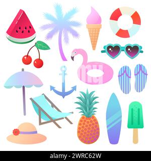 Collezione di articoli a tema spiaggia ed estate, tra cui anguria, occhiali da sole, palme e gelato. Set di clip art estive in stile neon colorato. Illustrazione Vettoriale