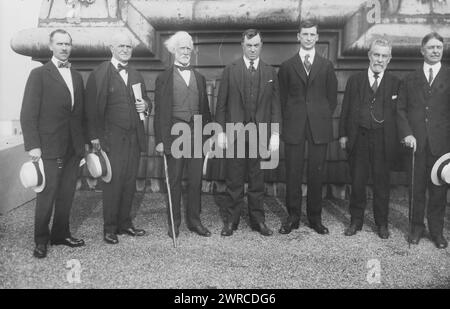 Lynch, Hendricks, Goff, Cohalan, De Valera, Devoy, Gavigan, la fotografia mostra Diarmuid Lynch (1878-1950), Hendricks, John W. Goff (1846-1924), Daniel Florence Cohalan (1867-1946), Eamon de Valera (1882-1975), John Devoy (1842-1928) e Gavigan al Waldorf Astoria, New York City nel marzo 1919 per commemorare la campagna di de Valera per l'indipendenza irlandese negli Stati Uniti, il 1919 marzo, lati negativi del vetro, 1 negativo: vetro Foto Stock