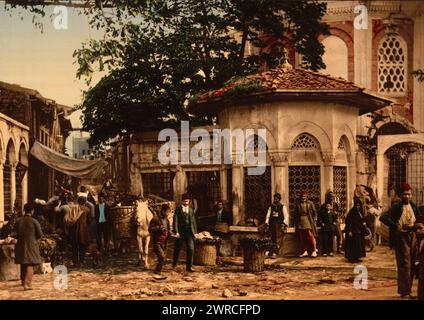 Una strada a Stamboul con fontana, Costantinopoli, Turchia, la fotografia mostra il complesso Koca Sinan Pasha a Fatih, Istanbul, che include una sebila (fontana) e la tomba dell'architetto ottomano Sinan (ca. 1489/1490-1588)., tra ca. 1890 e ca. 1900., Turchia, Istanbul, colore, 1890-1900 Foto Stock