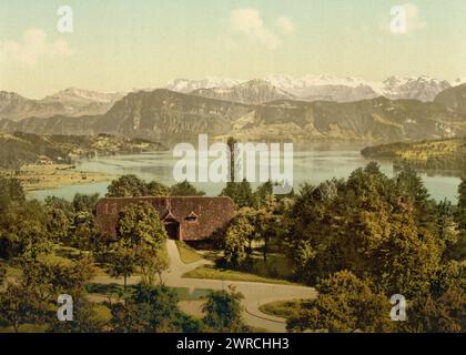 Vista della catena meridionale delle Alpi, con il Titlis da Drei Linden, Lucerna, Svizzera, tra ca. 1890 e ca. 1900., colore, 1890-1900 Foto Stock