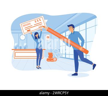 La ragazza porta un grande stipendio, l'uomo con penna d'inchiostro per la firma. Premi in denaro, lotteria, persone che ricevono il pagamento in contanti tramite assegno. illustrazione moderna vettoriale piatta Illustrazione Vettoriale