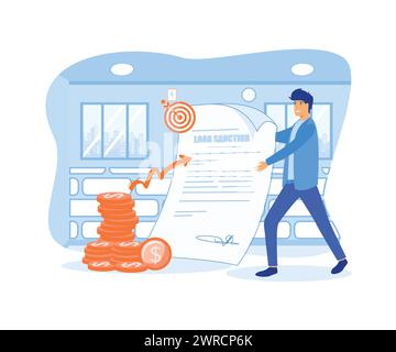 Uomo che ha in mano una lettera di sanzione per il prestito. illustrazione moderna vettoriale piatta Illustrazione Vettoriale