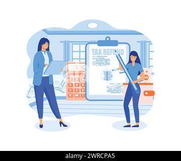 Due donne che fanno il rimborso delle tasse. pagamento, bolletta finanziaria. Ottimizzazione fiscale, detrazione e rimborso. illustrazione moderna vettoriale piatta Illustrazione Vettoriale