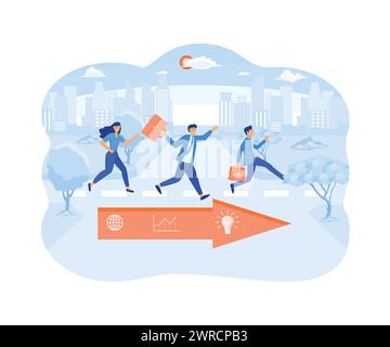 Concorrenza aziendale. Tre uomini d'affari che gareggiano con le frecce. illustrazione moderna vettoriale piatta Illustrazione Vettoriale