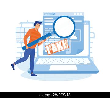 Uomo con lente d'ingrandimento verifica le notizie false sul sito web sul computer. illustrazione moderna vettoriale piatta Illustrazione Vettoriale