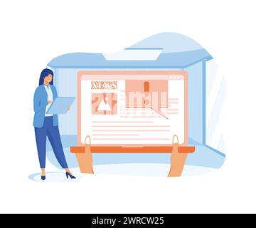 Notizie false online. importante concetto di ultime notizie sull'uomo di persona che legge un tablet digitale quotidiano. illustrazione moderna vettoriale piatta Illustrazione Vettoriale