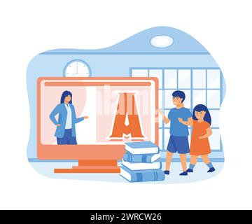 Corsi di educazione online per la prima infanzia. Giochi online gratuiti per la scuola materna, homeschooling. illustrazione moderna vettoriale piatta Illustrazione Vettoriale