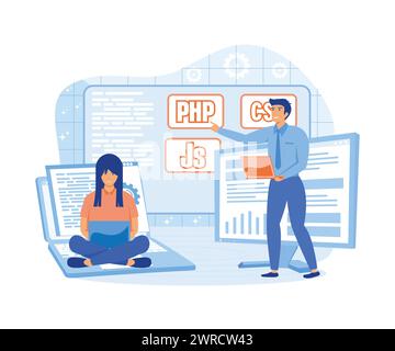 Corsi di programmazione. Gli studenti studiano con i computer. illustrazione moderna vettoriale piatta Illustrazione Vettoriale