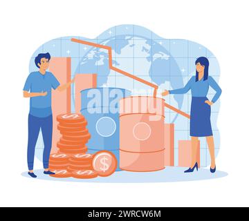 Concetto di calo dei prezzi del petrolio. Dati di analisi delle persone con le frecce verso il basso. Un grafico dollaro in calo per i carboidrati naturali, metafora della crisi finanziaria. piatto Illustrazione Vettoriale