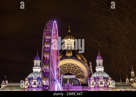 Anversa, Belgio, 25 gennaio 2024, questa scena notturna mostra la vibrante ruota panoramica che si illumina contro il cielo notturno, adiacente all'architettura ornata della stazione centrale di Anversa. L'intricata facciata e le cupole della stazione sono splendidamente illuminate, a complemento delle luci moderne della ruota. Questa giustapposizione simboleggia la mescolanza di grandezza storica con il tempo libero contemporaneo, creando un magico spettacolo urbano. Ruota panoramica illuminata presso la stazione centrale di Anversa. Foto di alta qualità Foto Stock