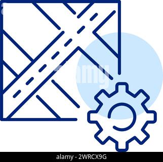 Configurazione dei servizi di localizzazione. Mappa digitale e ruota dentata. Strumento Impostazioni. Pixel Perfect, icona traccia modificabile Illustrazione Vettoriale