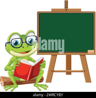 Libro di lettura delle rane di cartoni animati davanti alla lavagna Illustrazione Vettoriale