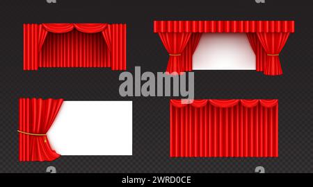 Tende rosse da teatro isolate su sfondo trasparente. Illustrazione vettoriale realistica di tendaggi aperti e chiusi in velluto per la decorazione della scena dello spettacolo, elementi di design degli interni della sala da concerto Illustrazione Vettoriale