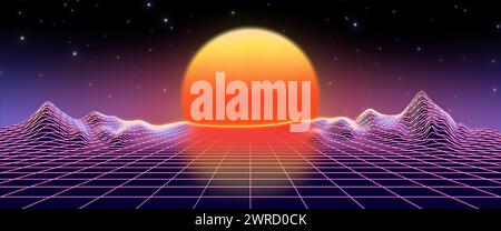 Sfondo rétro neon Sunset synthwave degli anni '80 Cyber grid con onde vaporali astratte e futuristiche, sole e paesaggio montano. Illustrazione grafica di vapore surreale da discoteca per musica party rave. Illustrazione Vettoriale