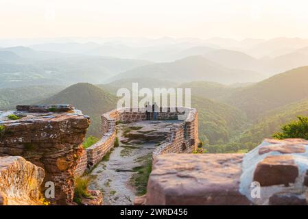 Luminosa alba sulle rovine del castello di Wegelnburg e della foresta del Palatinato, Renania-Palatinato, Germania Foto Stock